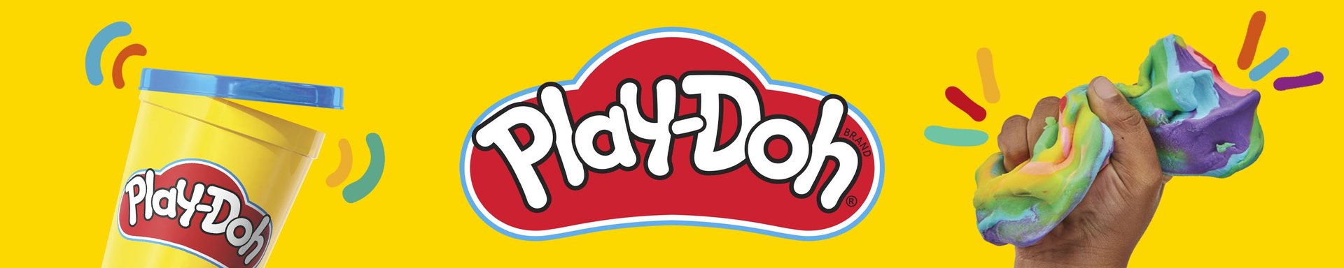 Play-Doh logo with a yellow can and a rainbow squish of dough
